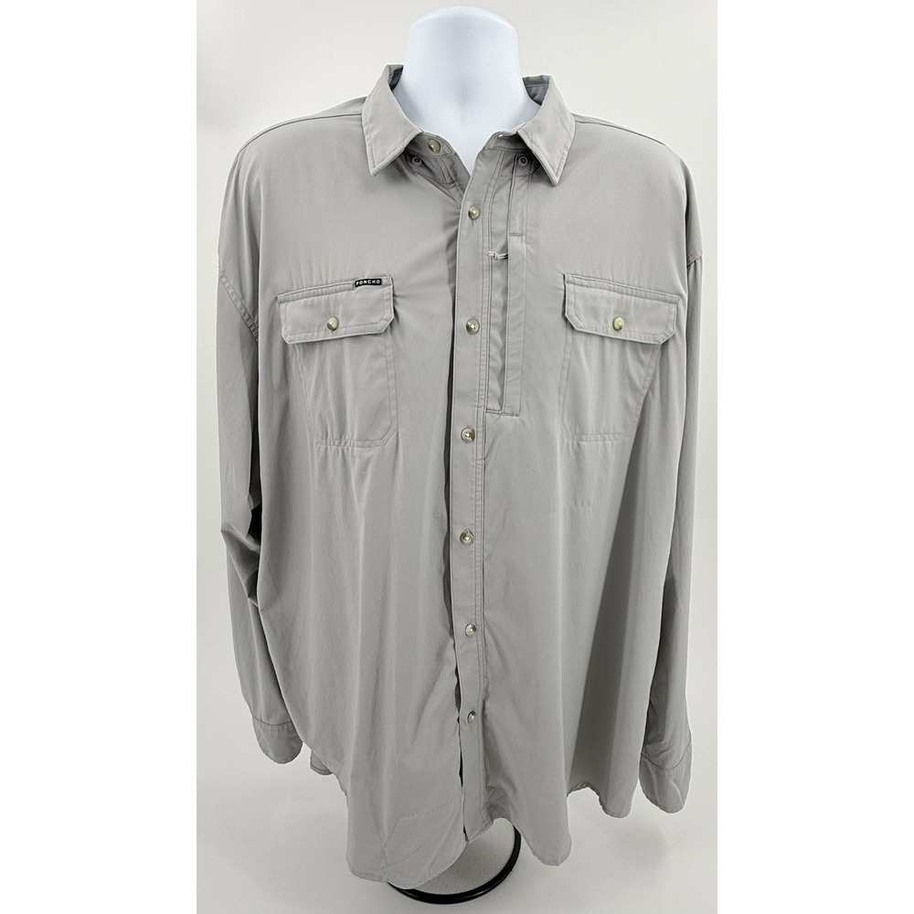 Poncho Fishing Shirt Regular Fit Grey Solid Magnetic Pockets Vented Men's 2XL